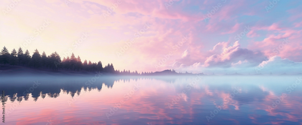 Fototapeta premium Tranquil gradient lake reflecting a pink sunset sky, creating the cutest and most beautiful mirror-like surface.