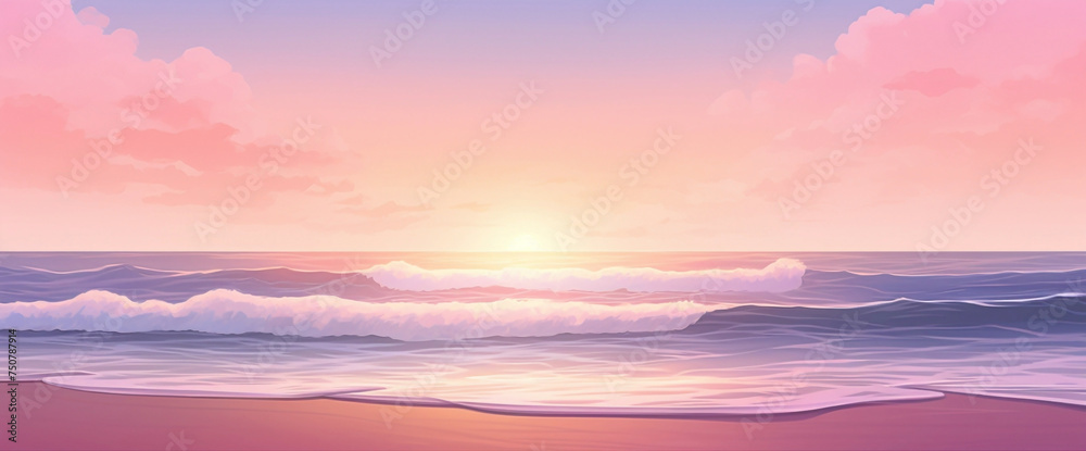 Tranquil gradient seascape with gentle waves and a pink sky, offering the cutest and most beautiful coastal scene.