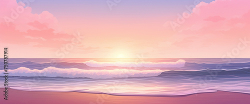 Tranquil gradient seascape with gentle waves and a pink sky  offering the cutest and most beautiful coastal scene.