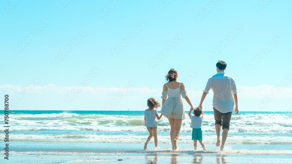 Rear view of a happy family walking on the beach in the summer with a clear sky.