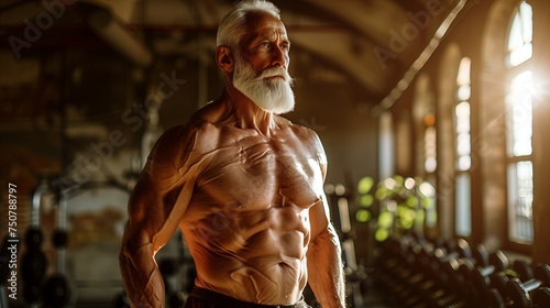 fit senior man showing his muscle in the gym, senior bodybuilder.