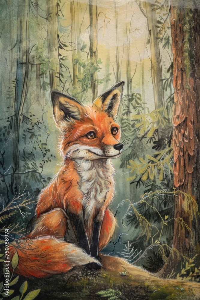 Obraz premium A cute fox in the forest, colored pencils painting, cover image of a children's book, portrait format