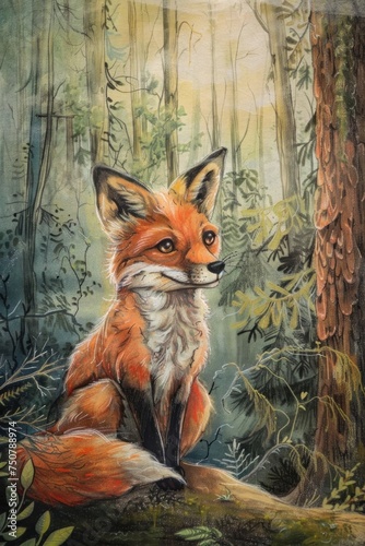 A cute fox in the forest  colored pencils painting  cover image of a children s book  portrait format