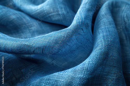 Close-up of textured blue linen fabric.