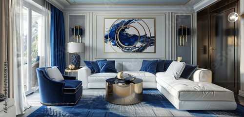 Nautical-themed living room in navy blue, white, and gold, classic maritime elements with contemporary design, photo