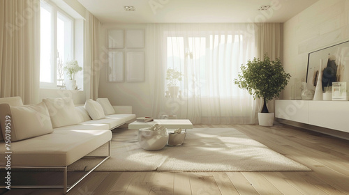 Softly decorated modern living room  sleek furniture  botanical accents  fresh atmosphere.