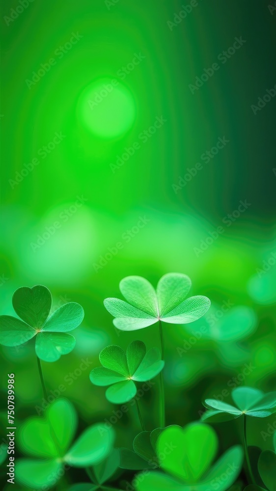 Clover leaves on green blurred background. St Patrick Day holiday symbol. Background for banner, card, invitation. Cope space. Place for text. Clover leaves on green blurred background. St Patrick Day holiday symbol. Background for banner, card, invitation. Cope space. Place for text.