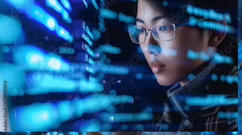 The Technology connect, of a young women see big screen, analysis coding big data concept, generative ai
