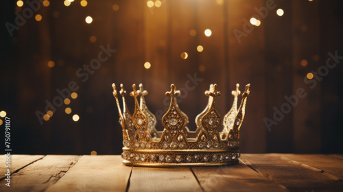 low key image of beautiful gold crown over wooden table. vintage filtered. fantasy medieval period