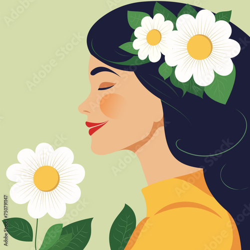 A girl smells a flower. Spring vector illustration
