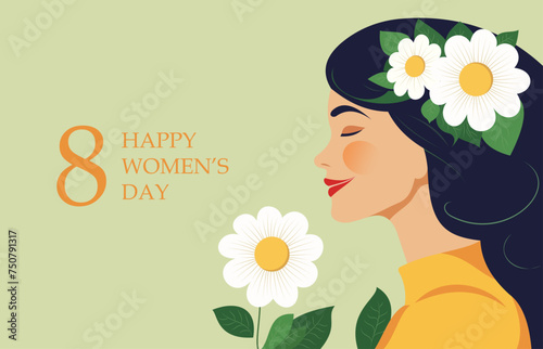 International women's day. Girl with a bouquet of flowers. Greeting card. Flat vector illustration