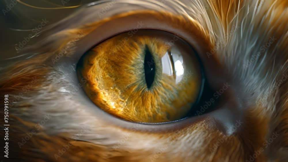 Close up view of cat's eye. Pet or pets cat macro video. Textured fur. Macro. Eyeball of kitty, feline or kitten macrophotography. Close-up view of cat animal head. moving eye 4k video