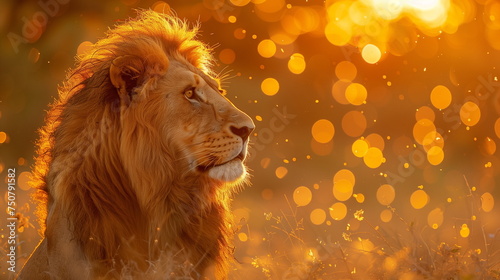 A majestic male lion gazes into the distance with a warm, glowing, bokeh background at sunset © weerasak