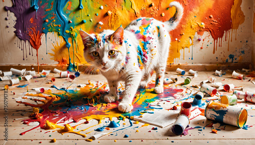 a cat walking through a mess of paint and crayons on the floor of a room with a rainbow wall