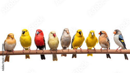 A group of various birds on a branch isolated on transparent and white background.PNG image.