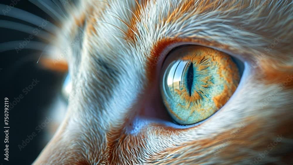 Close up view of cat's eye. Pet or pets cat macro video. Textured fur. Macro. Eyeball of kitty, feline or kitten macrophotography. Close-up view of cat animal head. moving eye 4k video