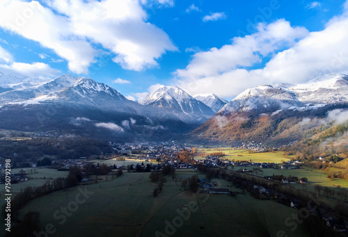 Aerial view of Saint Lary Soulan in the Pyrenees, France. The village of Saint Lary Soulan is in the valley below
