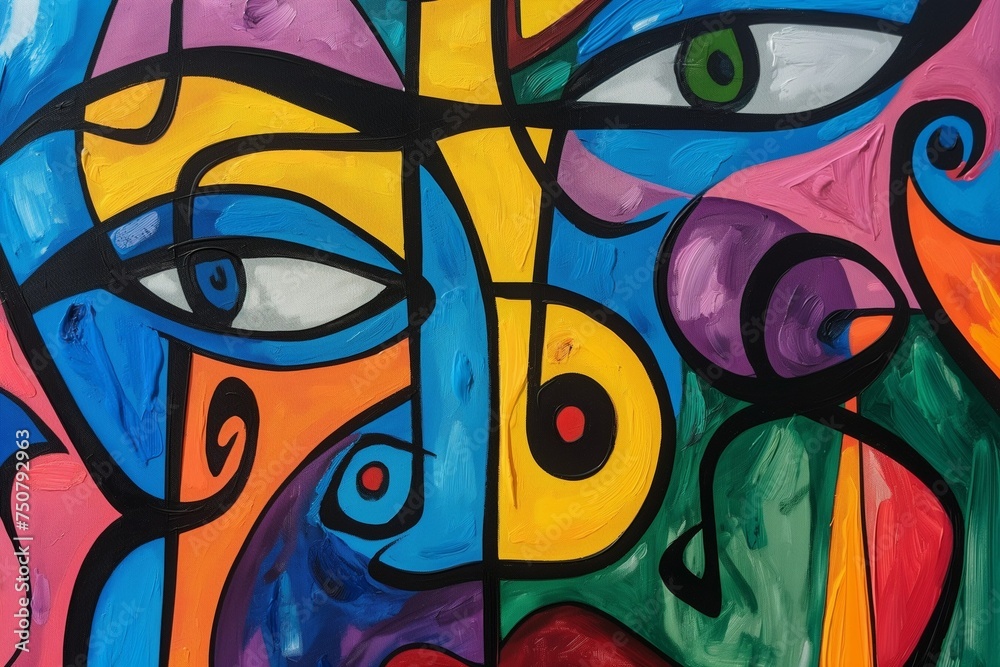 abstract painting of modern art with intricate shapes and patterns and decorative faces