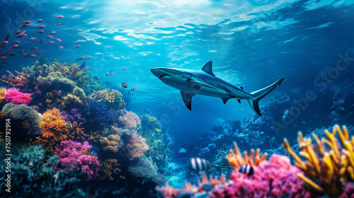 The big shark swimming underwater, Illustration