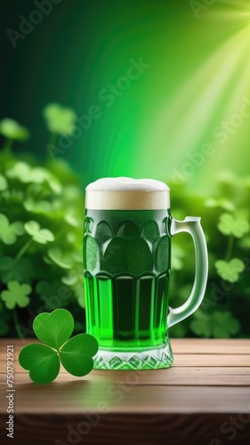 A mug of cold green beer on the table on a green background. Leaves, clover, sunlight, a place for text. Copy space. St. Patrick's Day.