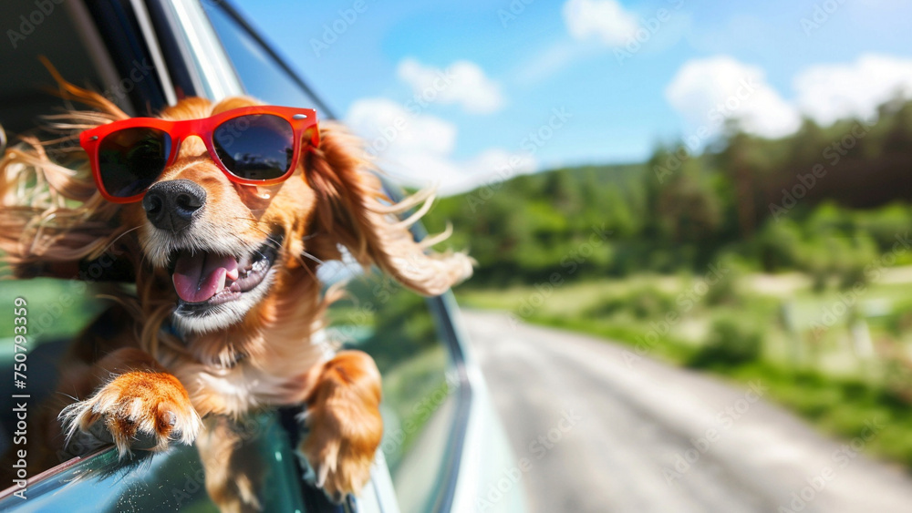 Happy Dachshund wearing sunglasses heads out of the car window when on the road trip