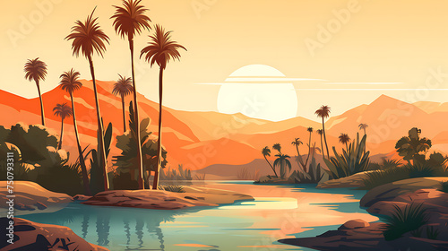 A vector representation of a desert oasis with palm trees.