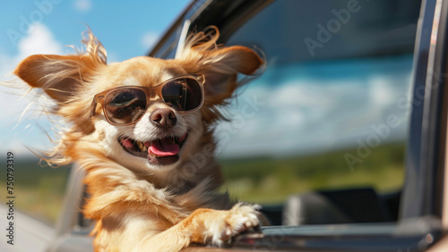 Happy Chihuahua wearing sunglasses heads out of the car window when on the road trip