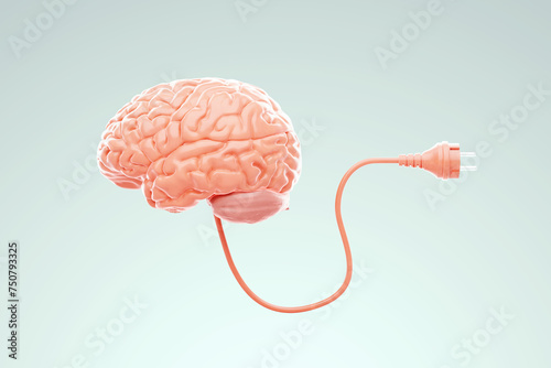 Human brain with socket plug on a light background. The concept is to charge the brain, support the mind, help memory, help for the mental well-being. 3D render, copy space.