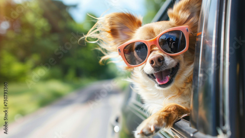 Happy Chihuahua wearing sunglasses heads out of the car window when on the road trip © Infinindy