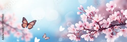 Two Butterflies Flying Above Pink Flowers