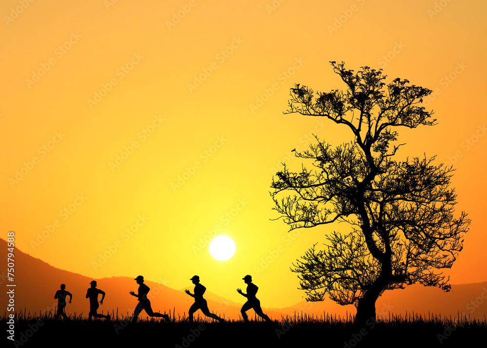 Silhouette of a runner in the meadow
