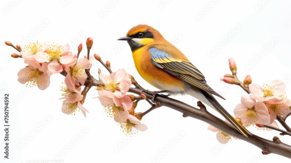 Bird Perched on Branch With Flowers