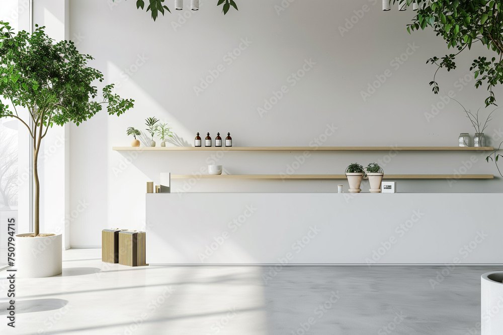 Empty Retail Space Mockup with Minimalist Shelving against White Background
