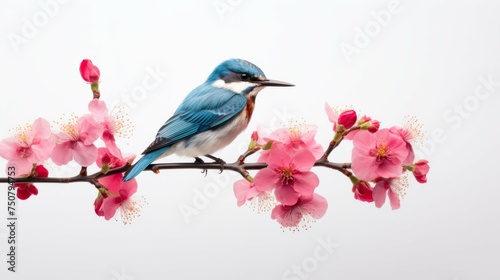 Bird Perched on Branch With Pink Flowers © Sky51