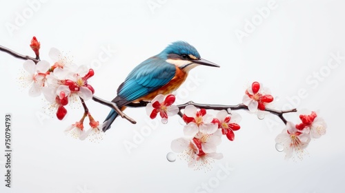 Bird Perched on Flowering Tree Branch