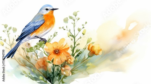 Bird on Flower Watercolor Painting © Sky51