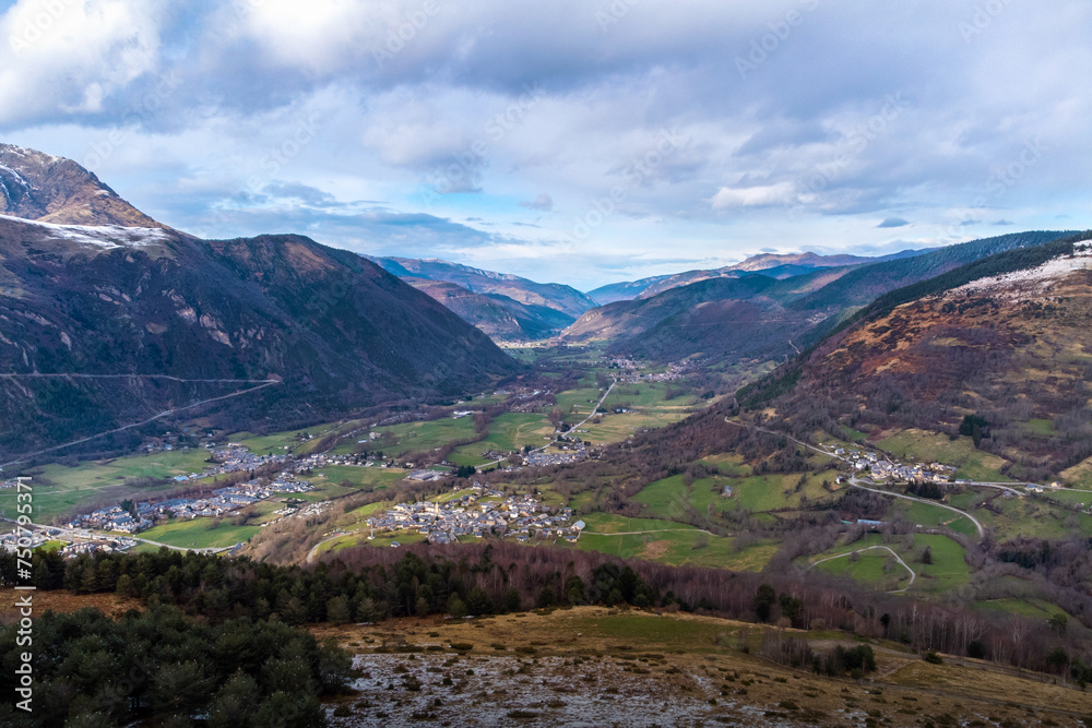 Aerial view of Saint Lary Soulan in the Pyrenees, France. The village of Saint Lary Soulan is in the valley below Aerial view of Saint Lary Soulan in the Pyrenees, France. The village of Saint Lary Soulan is in the valley below
