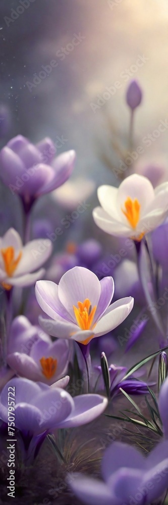 Fototapeta premium Whispers tale garden of Crocuses. AI generated illustration