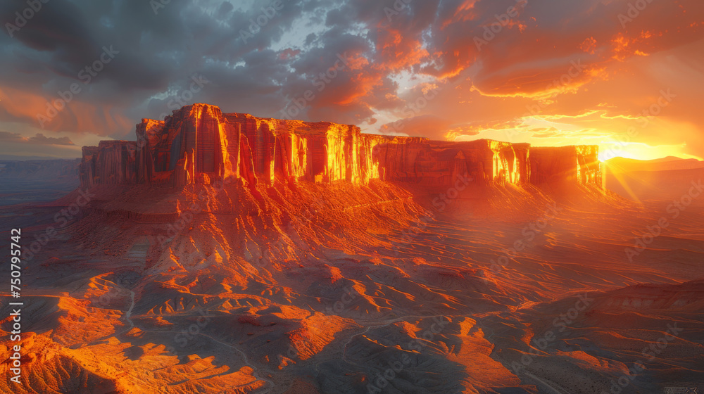 Aerial view of a sandstone Butte in Utah desert valley at sunset, Capitol Reef National Park, Hanksville, United States.