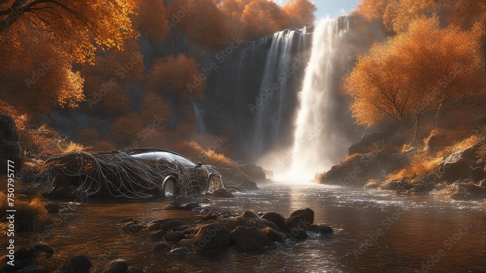 waterfall in autumn Steam punk  A waterfall  , with a landscape of  trees 