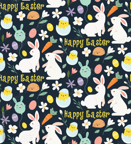 Easter white bunny seamless pattern black background
