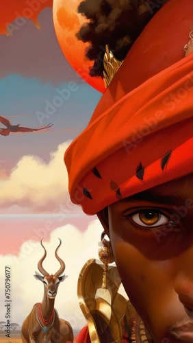 African savannah, a black African tribal teenage boy painted in warpaint wearing tribal red attire and a golden crown, giant red moon, vibrant colours, Afrocentric, Afrofuturistic, the king of Africa photo