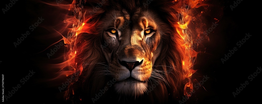 Lion king in fire, Portrait on black background, Wildlife animal.