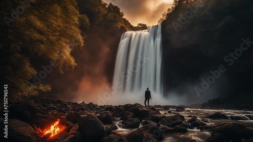 waterfall in the mountains Horror A Beusnita Waterfall of fire, with a landscape of burning trees and lava, with a demon 