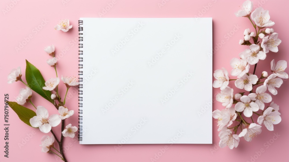 Notebook With Blank Paper and Flowers on Pink Background