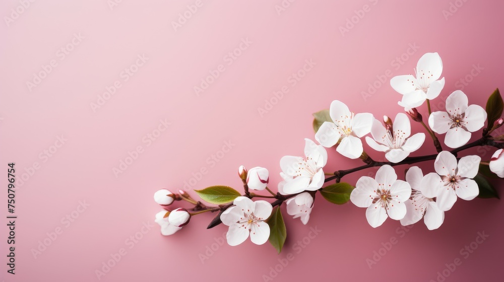 Branch With White Flowers on Pink Background