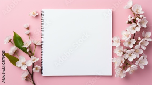 Notebook With Blank Paper and Flowers on Pink Background © RajaSheheryar