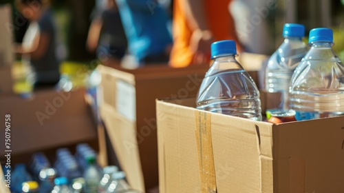 Volunteer food drive preparation with cardboard boxes full of canned goods and bottled water, illustrating community aid and support efforts in a warm, inviting atmosphere - AI generated