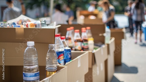 Volunteer food drive preparation with cardboard boxes full of canned goods and bottled water, illustrating community aid and support efforts in a warm, inviting atmosphere - AI generated