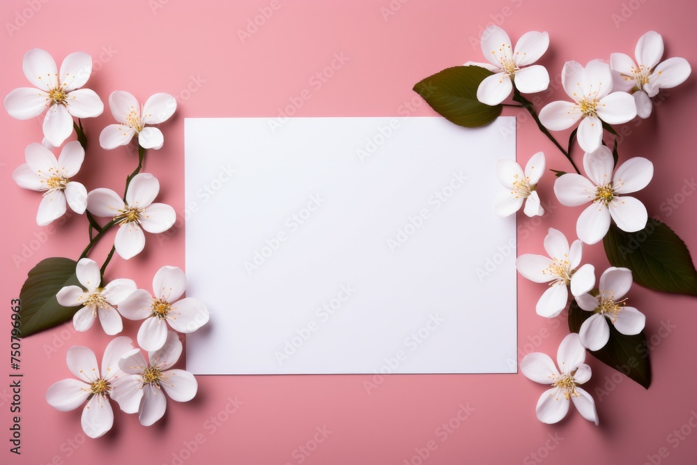 Blank Paper Surrounded by White Flowers on Pink Background
